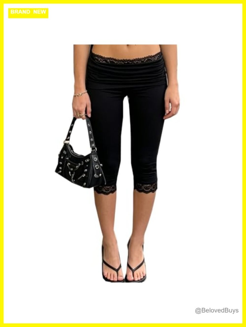 Women Fold Over Capri Leggings Lace Trim Low Rise Skinny Cropped Yoga Pants